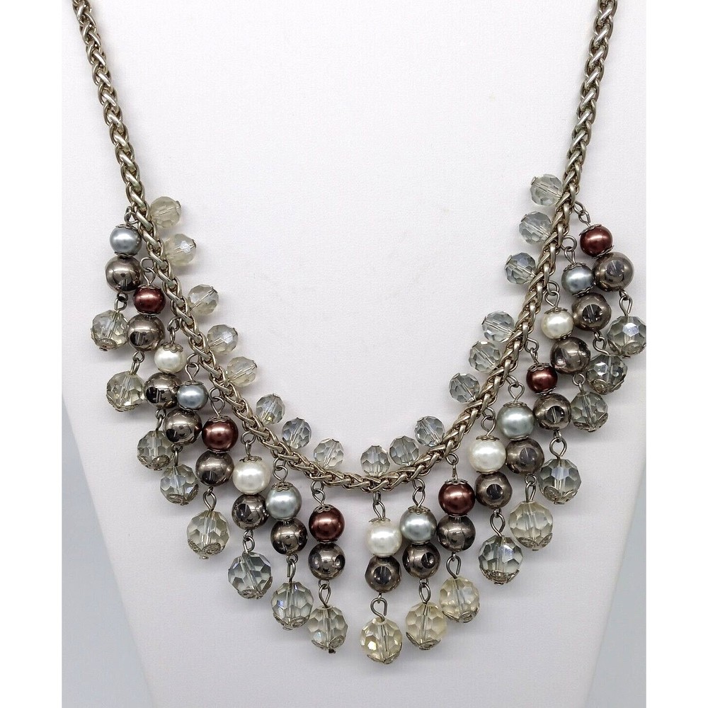 Metallic Bead Statement Necklace Faux Pearl Silver Tone Metal Chain Shiny!